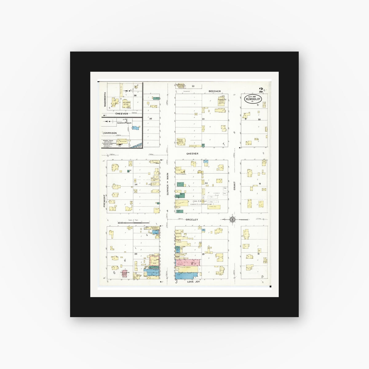 Old map wall art mockup — black gallery frame with white mat — Sanborn Fire Insurance Map from Humboldt, Humboldt County, Iowa (1909), Sheet #0002