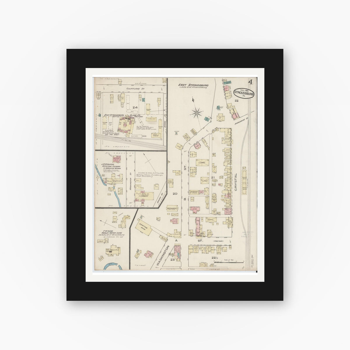 Old map wall art mockup — black gallery frame with white mat — Sanborn Fire Insurance Map from Stroudsburg, Monroe County, Pennsylvania (1885), Sheet #0004