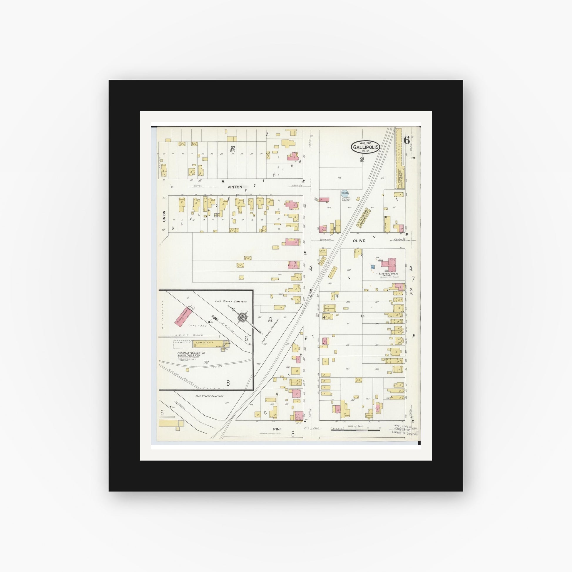 Old map wall art mockup — black gallery frame with white mat — Sanborn Fire Insurance Map from Gallipolis, Gallia County, Ohio (1916), Sheet #0006