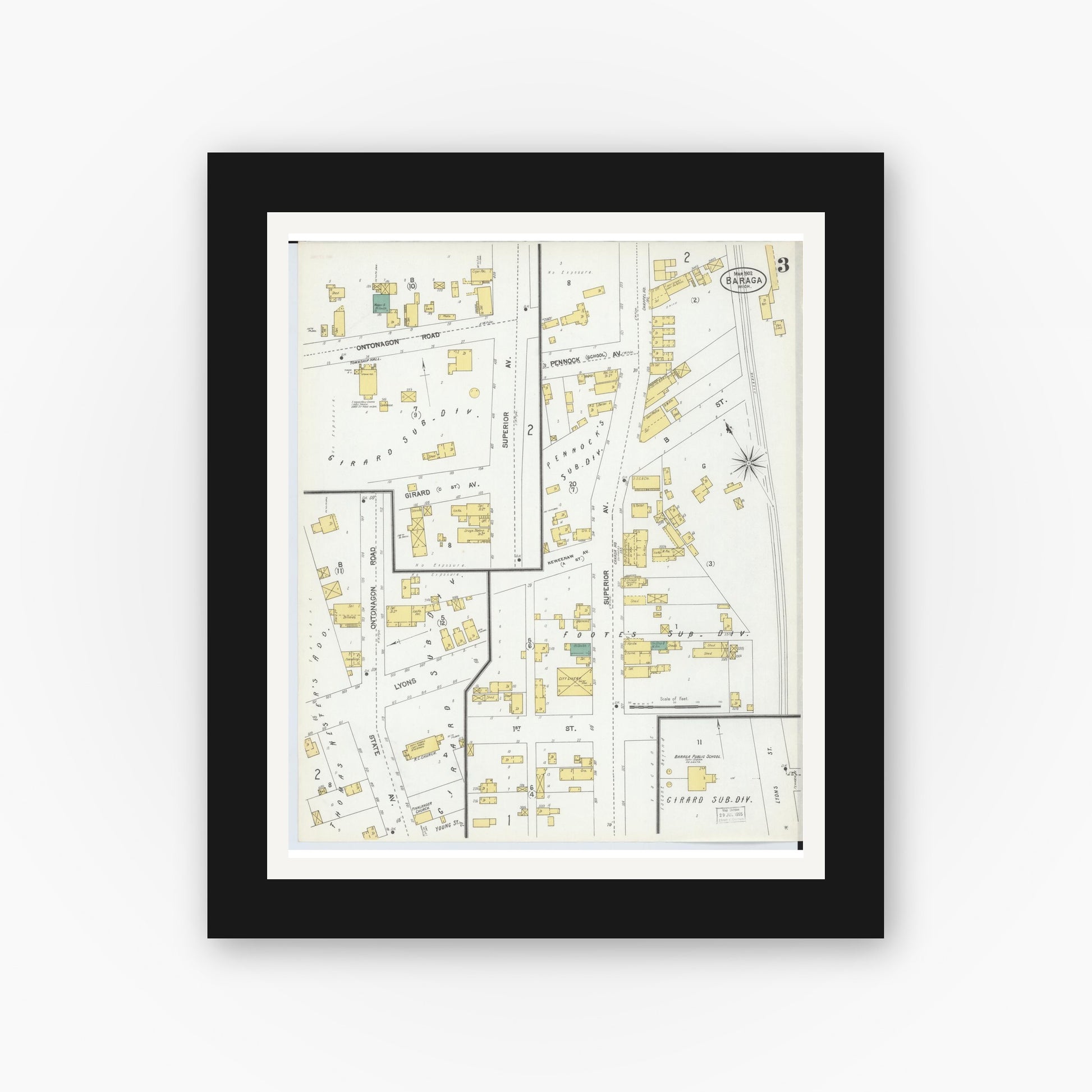 Old map wall art mockup — black gallery frame with white mat — Sanborn Fire Insurance Map from Baraga, Baraga County, Michigan (1902), Sheet #0003