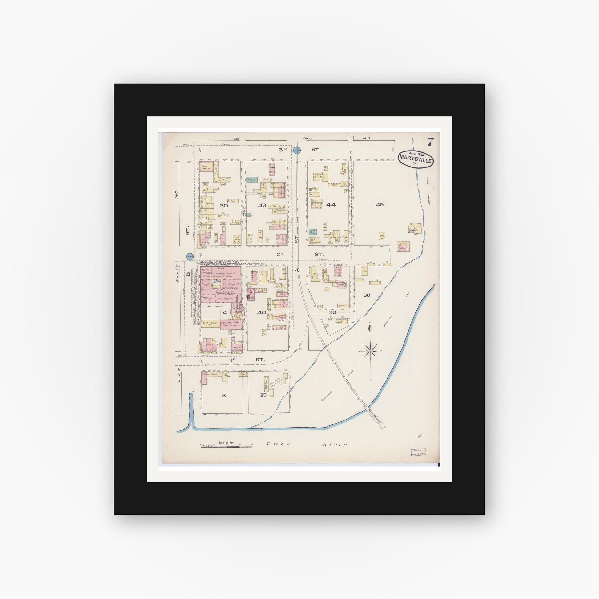 Old map wall art mockup — black gallery frame with white mat — Sanborn Fire Insurance Map from Marysville, Yuba County, California (1885), Sheet #0007