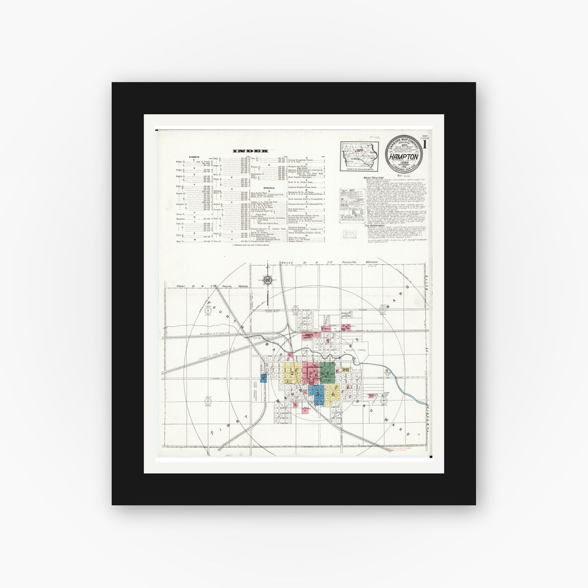 Old map wall art mockup — black gallery frame with white mat — Sanborn Fire Insurance Map from Hampton, Franklin County, Iowa (1921), Sheet #0001
