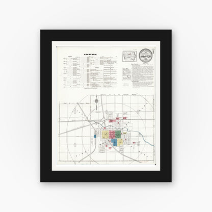 Old map wall art mockup — black gallery frame with white mat — Sanborn Fire Insurance Map from Hampton, Franklin County, Iowa (1921), Sheet #0001