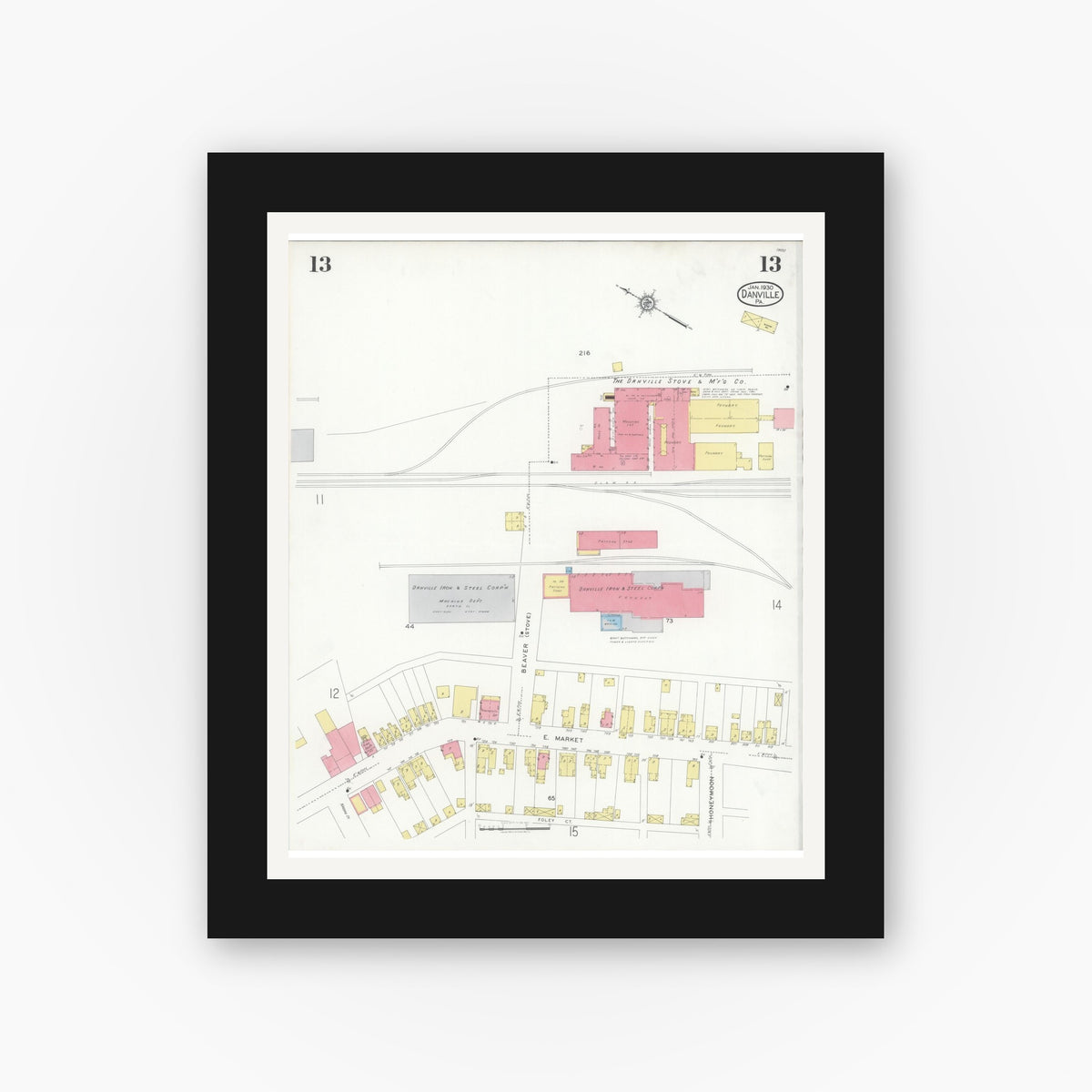 Old map wall art mockup — black gallery frame with white mat — Sanborn Fire Insurance Map from Danville, Montour County, Pennsylvania (1930), Sheet #0013