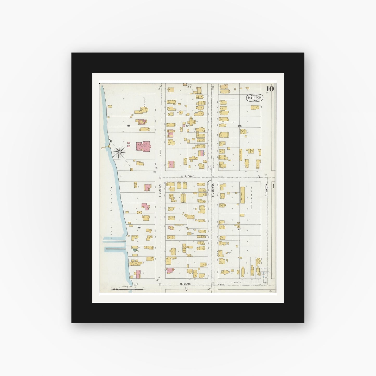 Old map wall art mockup — black gallery frame with white mat — Sanborn Fire Insurance Map from Madison, Dane County, Wisconsin (1902), Sheet #0010