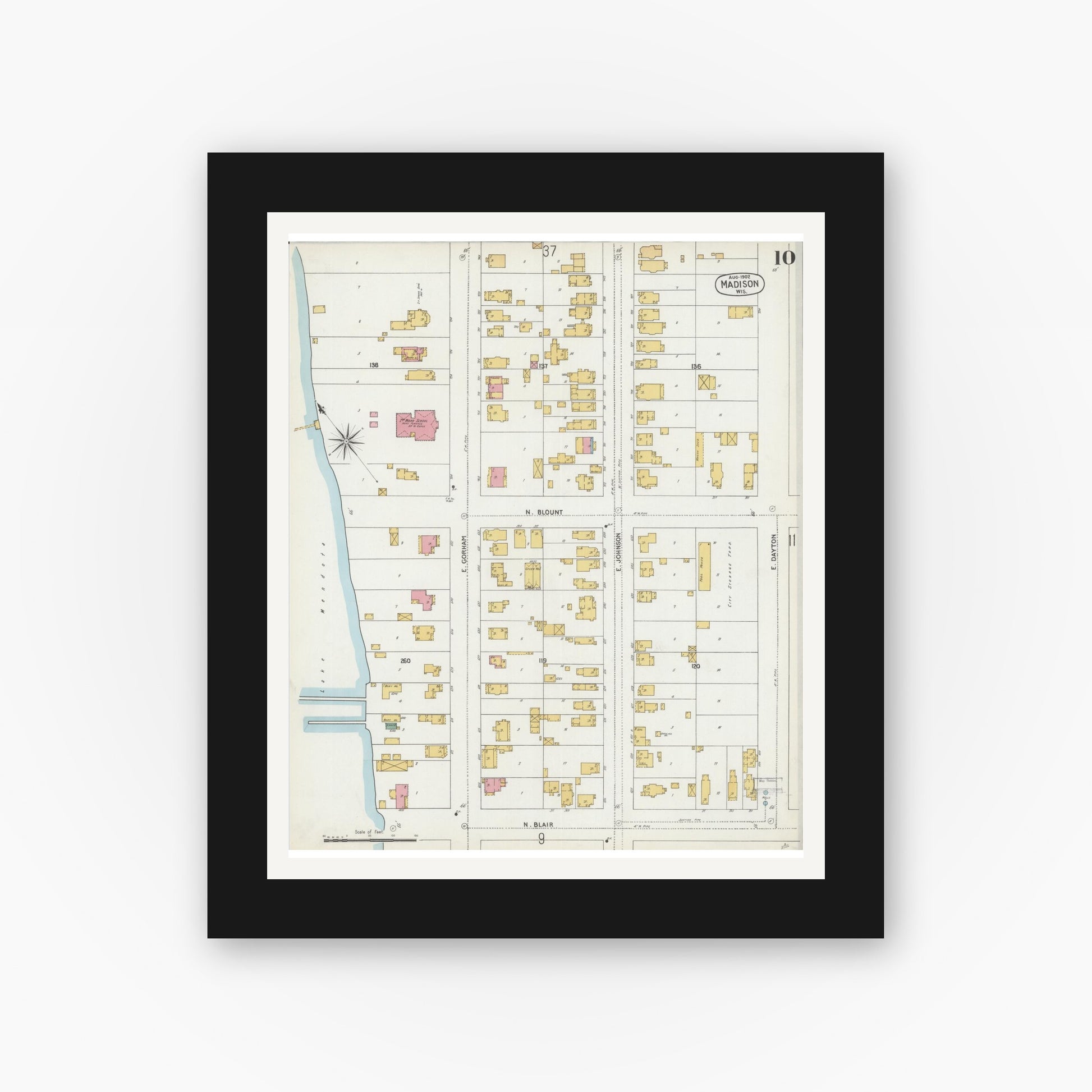 Old map wall art mockup — black gallery frame with white mat — Sanborn Fire Insurance Map from Madison, Dane County, Wisconsin (1902), Sheet #0010