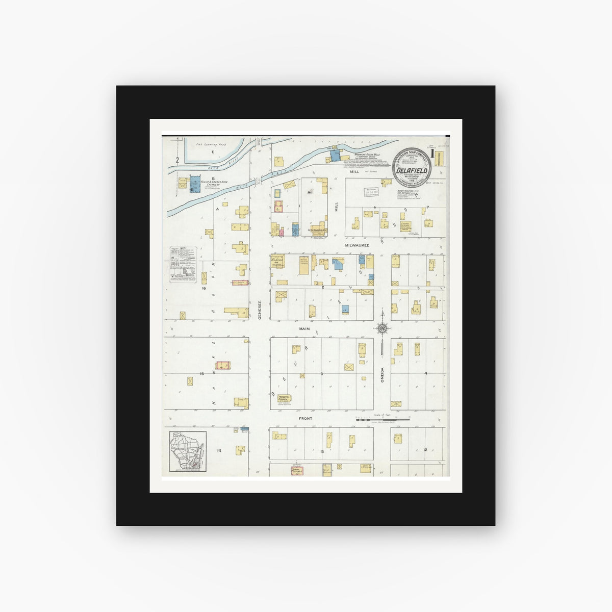 Old map wall art mockup — black gallery frame with white mat — Sanborn Fire Insurance Map from Delafield, Waukesha County, Wisconsin (1918) - Complete Map Set