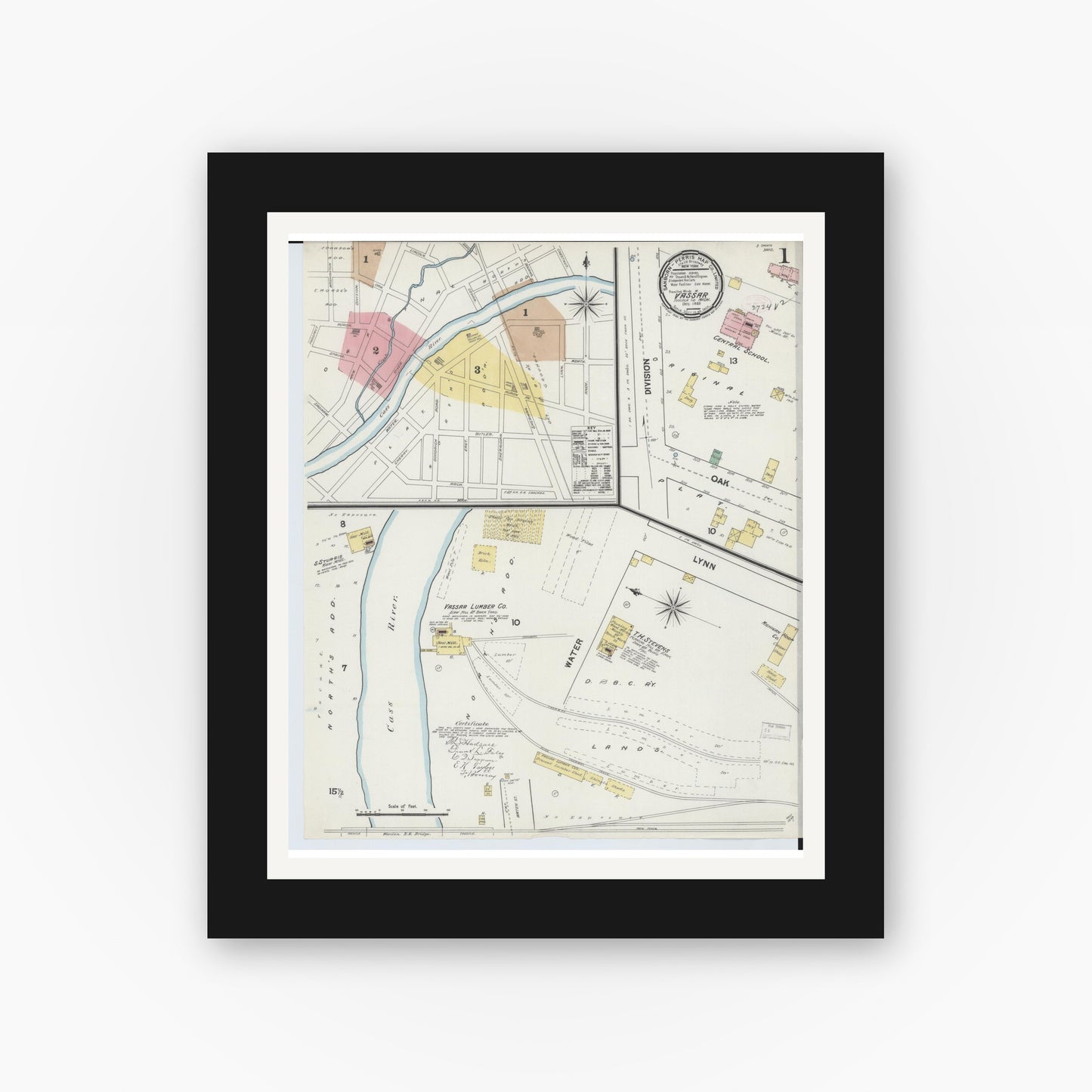 Old map wall art mockup — black gallery frame with white mat — Sanborn Fire Insurance Map from Vassar, Tuscola County, Michigan (1889), Sheet #0001