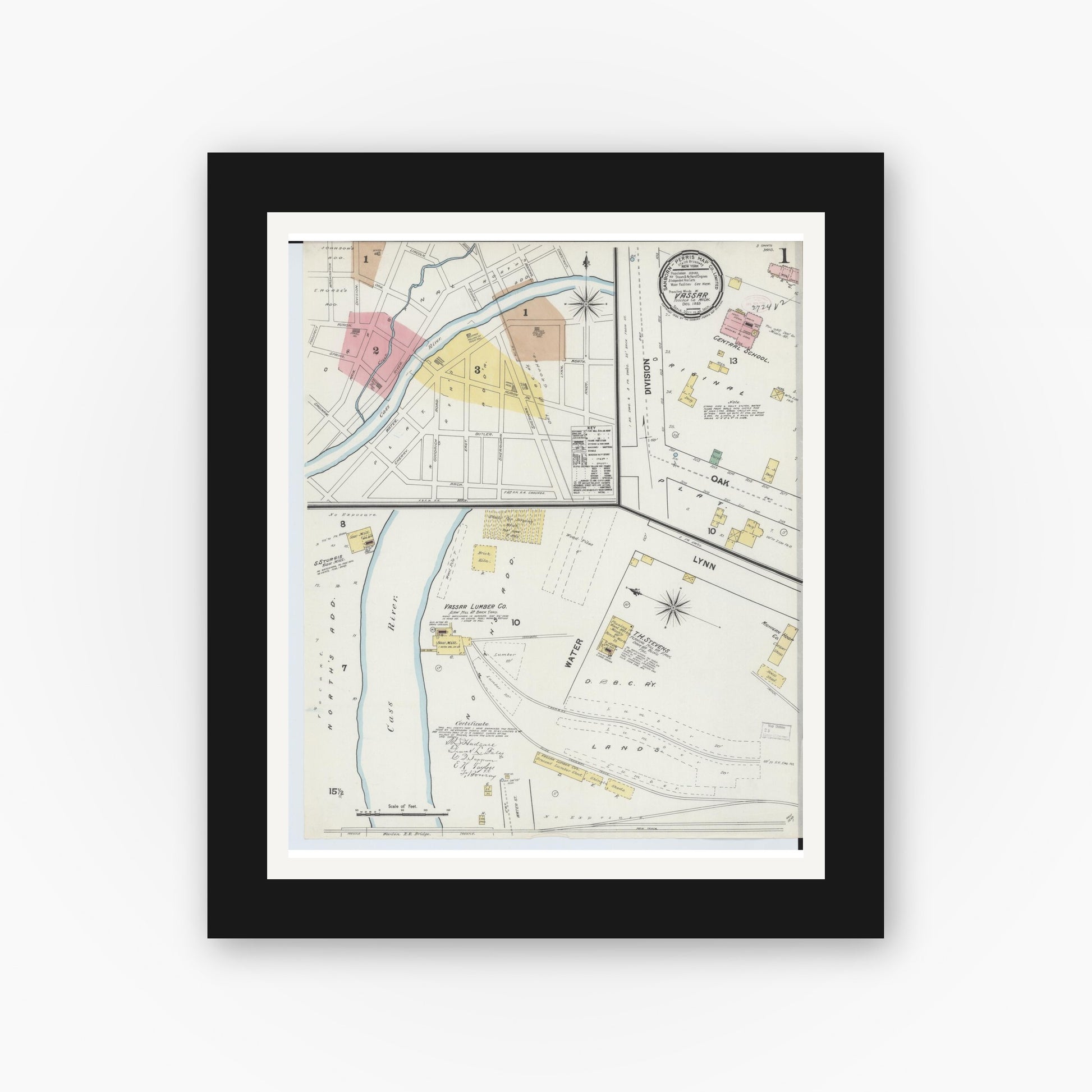 Old map wall art mockup — black gallery frame with white mat — Sanborn Fire Insurance Map from Vassar, Tuscola County, Michigan (1889), Sheet #0001