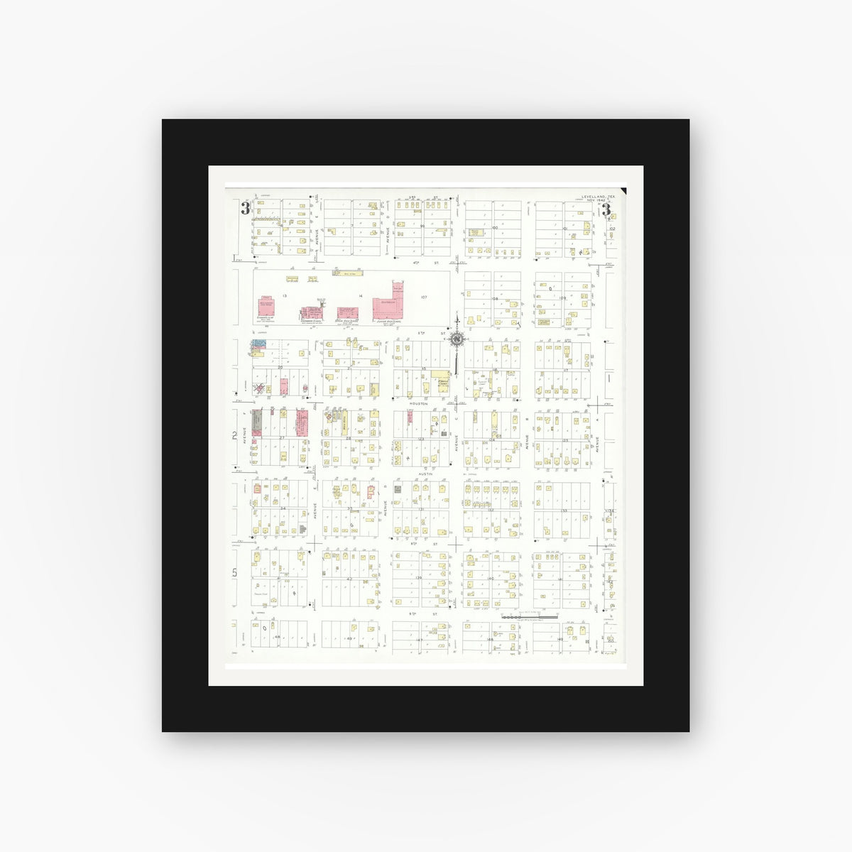 Old map wall art mockup — black gallery frame with white mat — Sanborn Fire Insurance Map from Levelland, Hockley County, Texas (1942), Sheet #0003