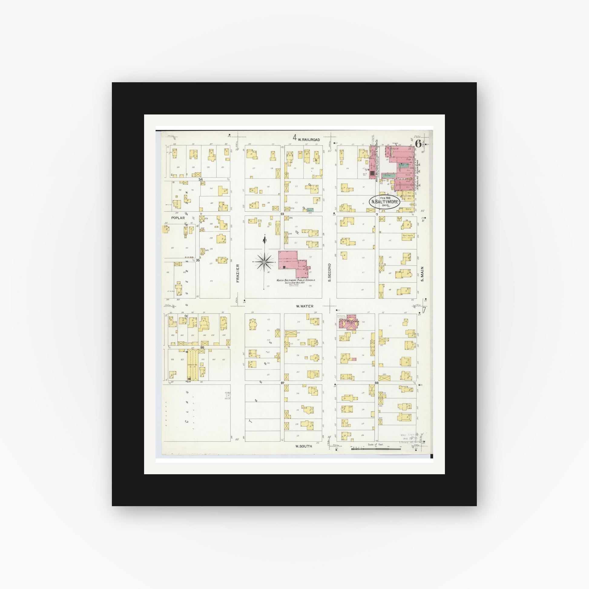 Old map wall art mockup — black gallery frame with white mat — Sanborn Fire Insurance Map from North Baltimore, Wood County, Ohio (1908), Sheet #0006