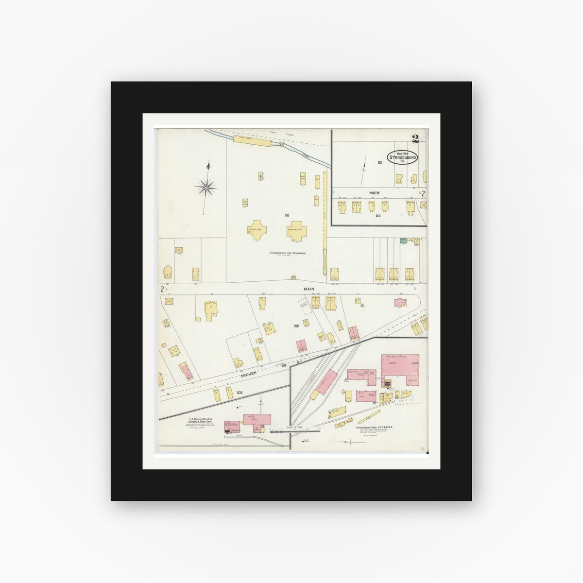 Old map wall art mockup — black gallery frame with white mat — Sanborn Fire Insurance Map from Stroudsburg, Monroe County, Pennsylvania (1905), Sheet #0002