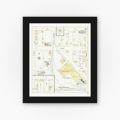 Old map wall art mockup — black gallery frame with white mat — Sanborn Fire Insurance Map from Grand Saline, Van Zandt County, Texas (1909), Sheet #0003
