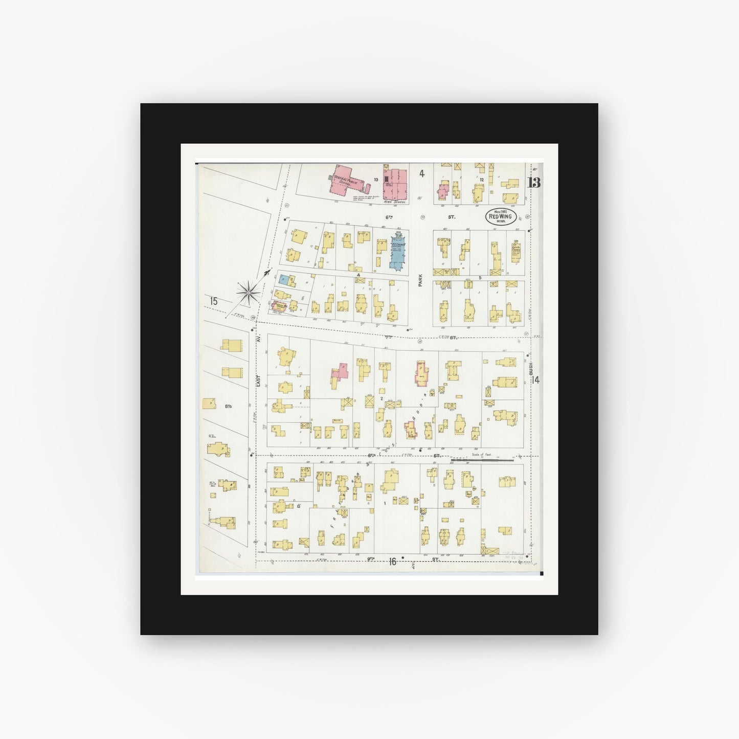 Old map wall art mockup — black gallery frame with white mat — Sanborn Fire Insurance Map from Red Wing, Goodhue County, Minnesota (1902), Sheet #0013
