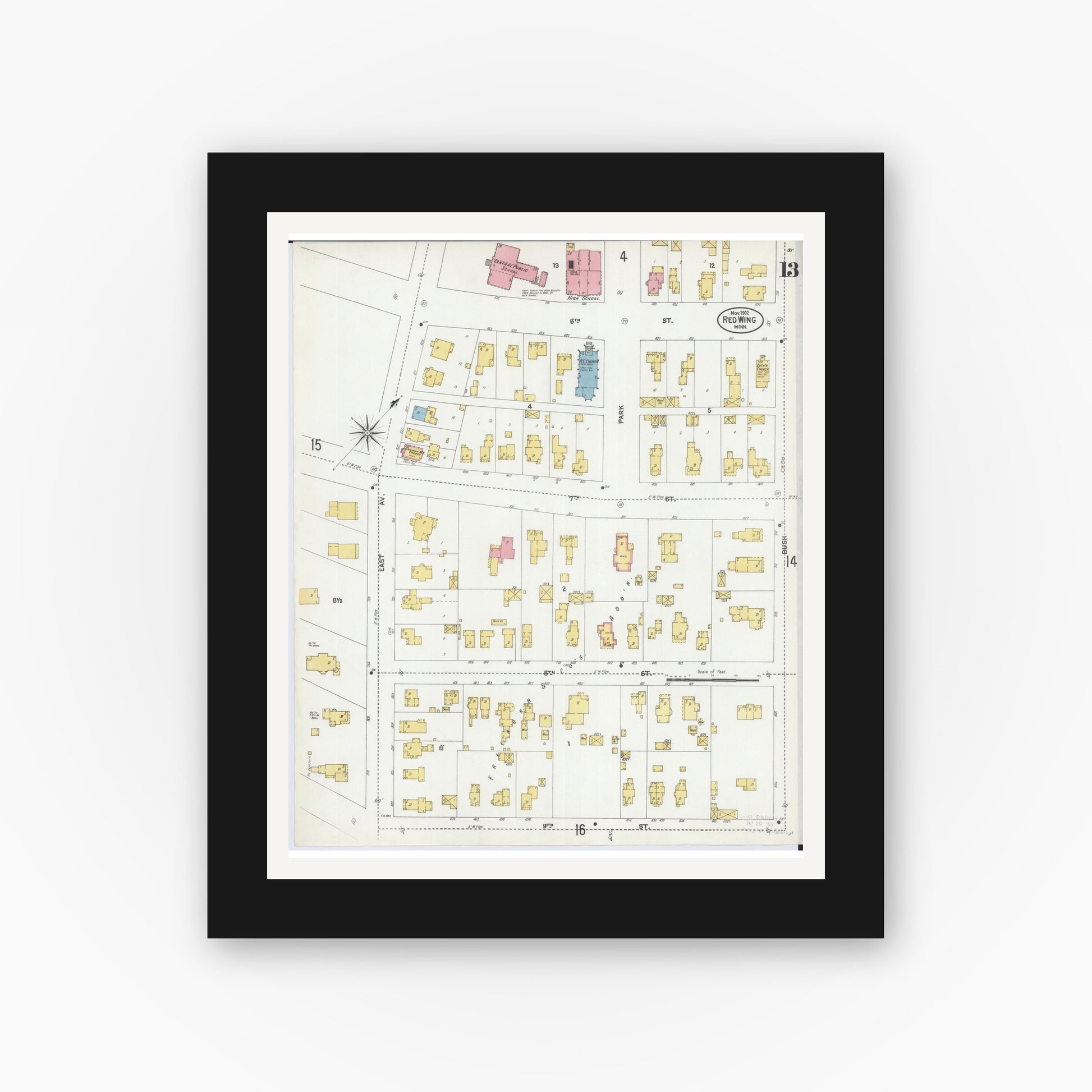 Old map wall art mockup — black gallery frame with white mat — Sanborn Fire Insurance Map from Red Wing, Goodhue County, Minnesota (1902), Sheet #0013