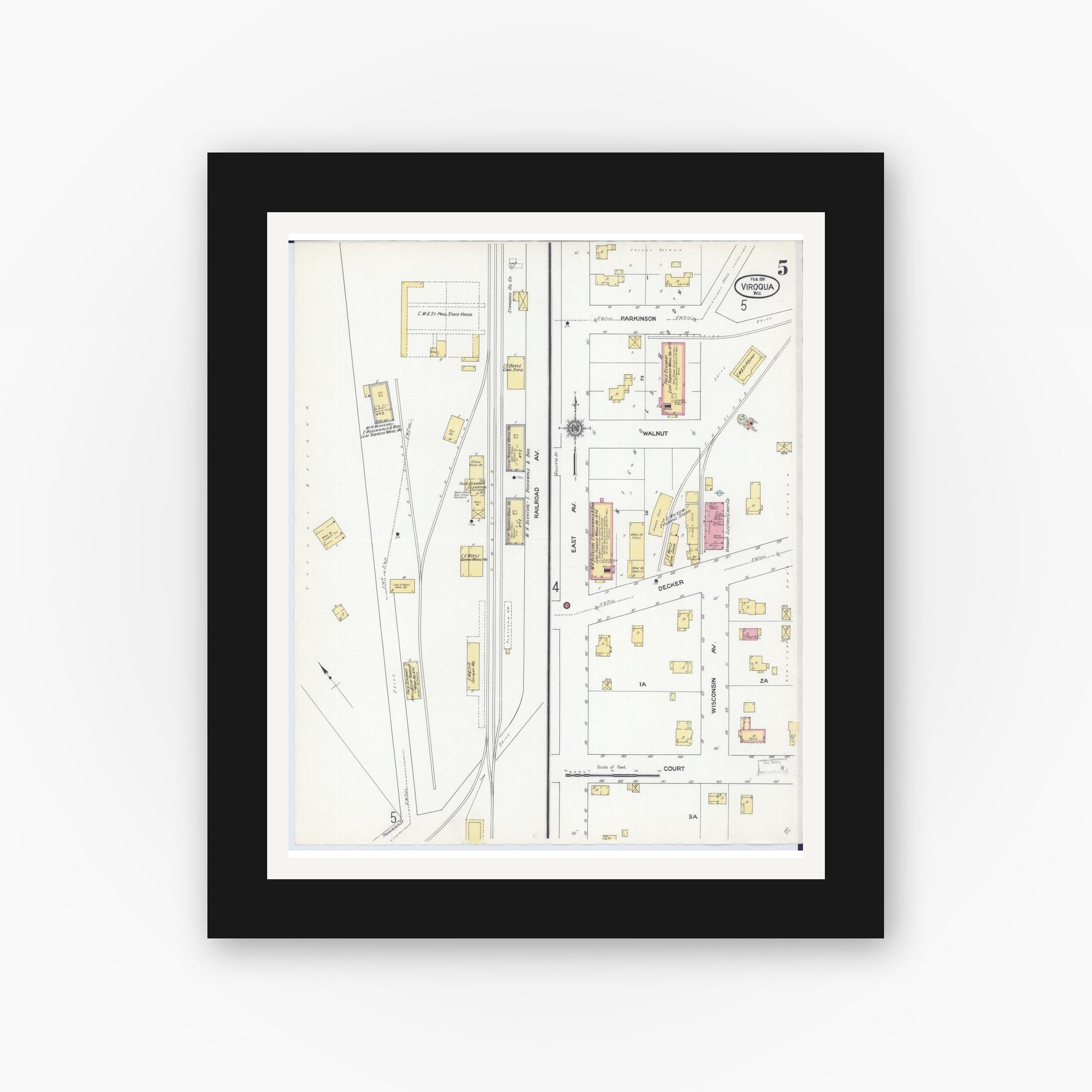 Old map wall art mockup — black gallery frame with white mat — Sanborn Fire Insurance Map from Viroqua, Vernon County, Wisconsin (1911), Sheet #0005