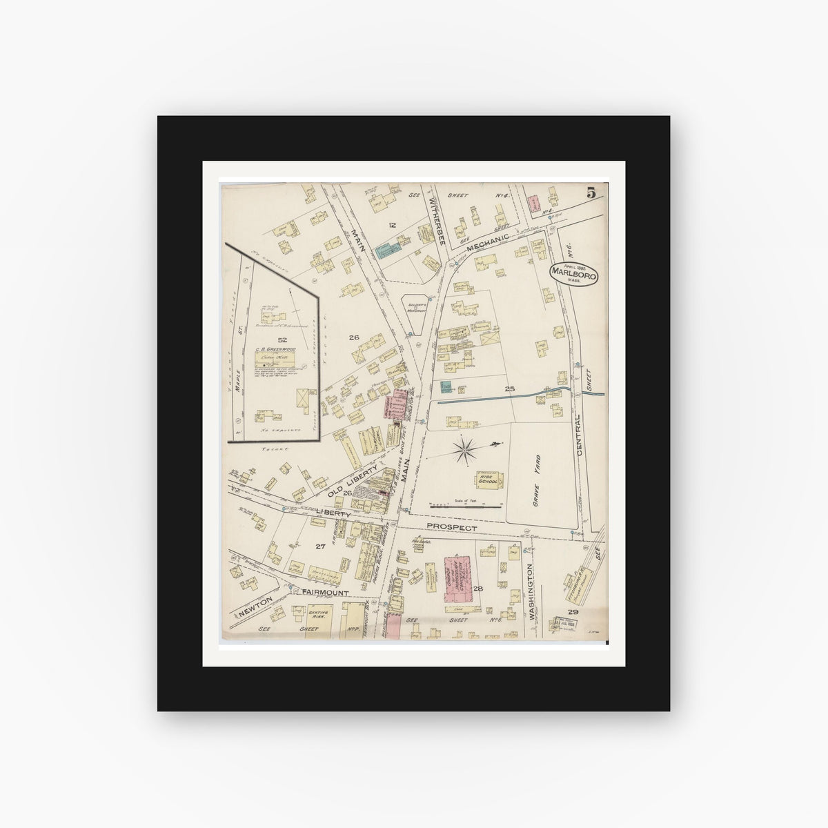 Old map wall art mockup — black gallery frame with white mat — Sanborn Fire Insurance Map from Marlborough, Middlesex County, Massachusetts (1885), Sheet #0005