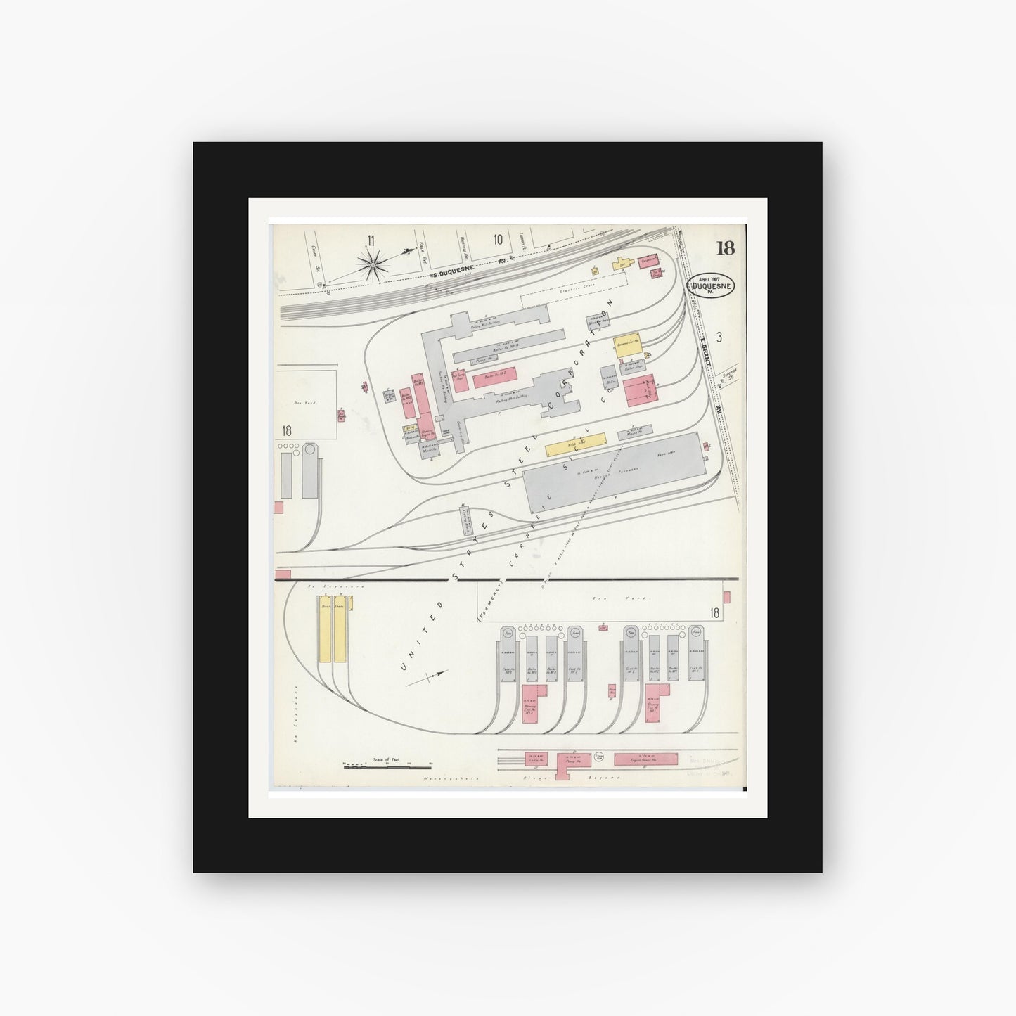 Old map wall art mockup — black gallery frame with white mat — Sanborn Fire Insurance Map from Duquesne, Allegheny County, Pennsylvania (1907), Sheet #0018