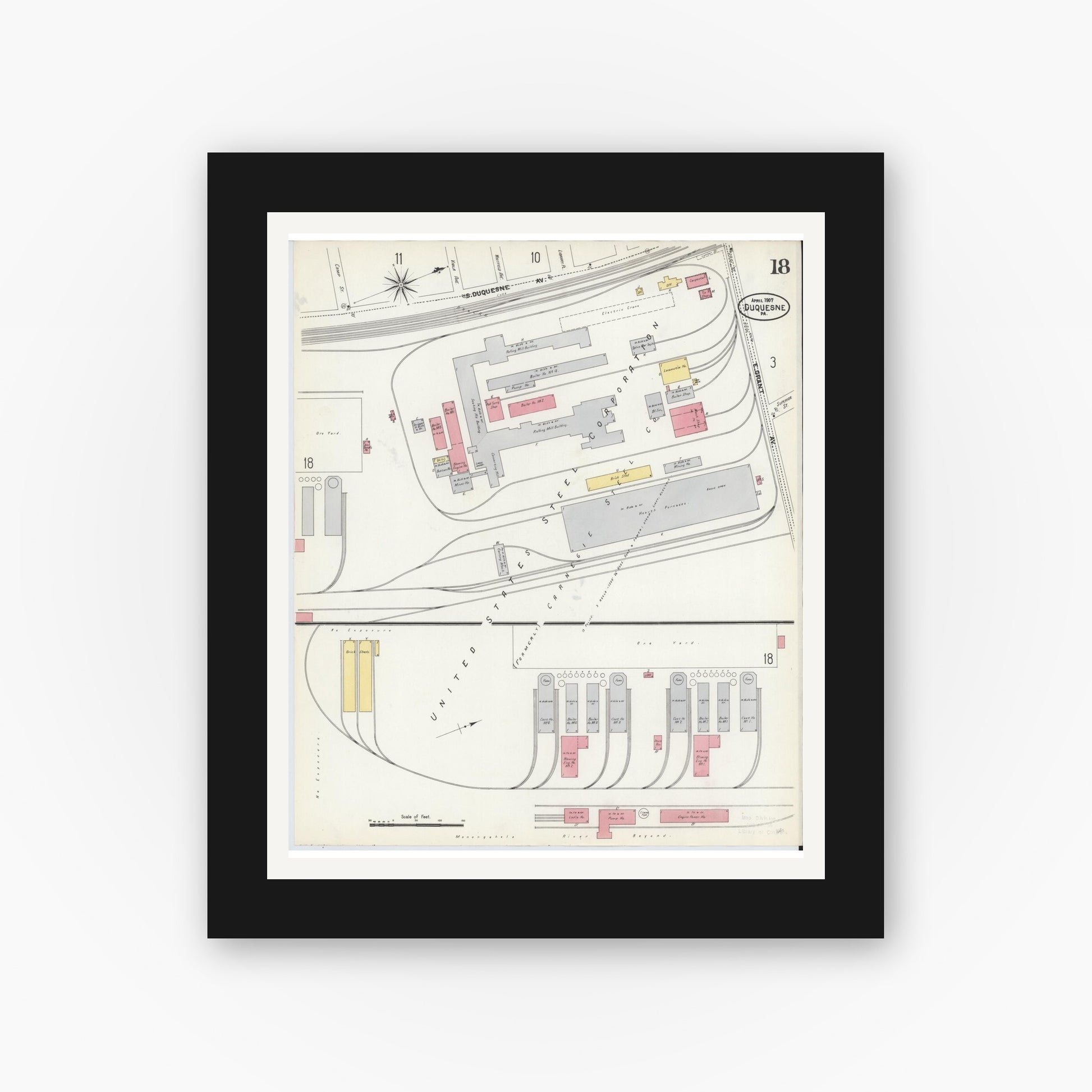Old map wall art mockup — black gallery frame with white mat — Sanborn Fire Insurance Map from Duquesne, Allegheny County, Pennsylvania (1907), Sheet #0018