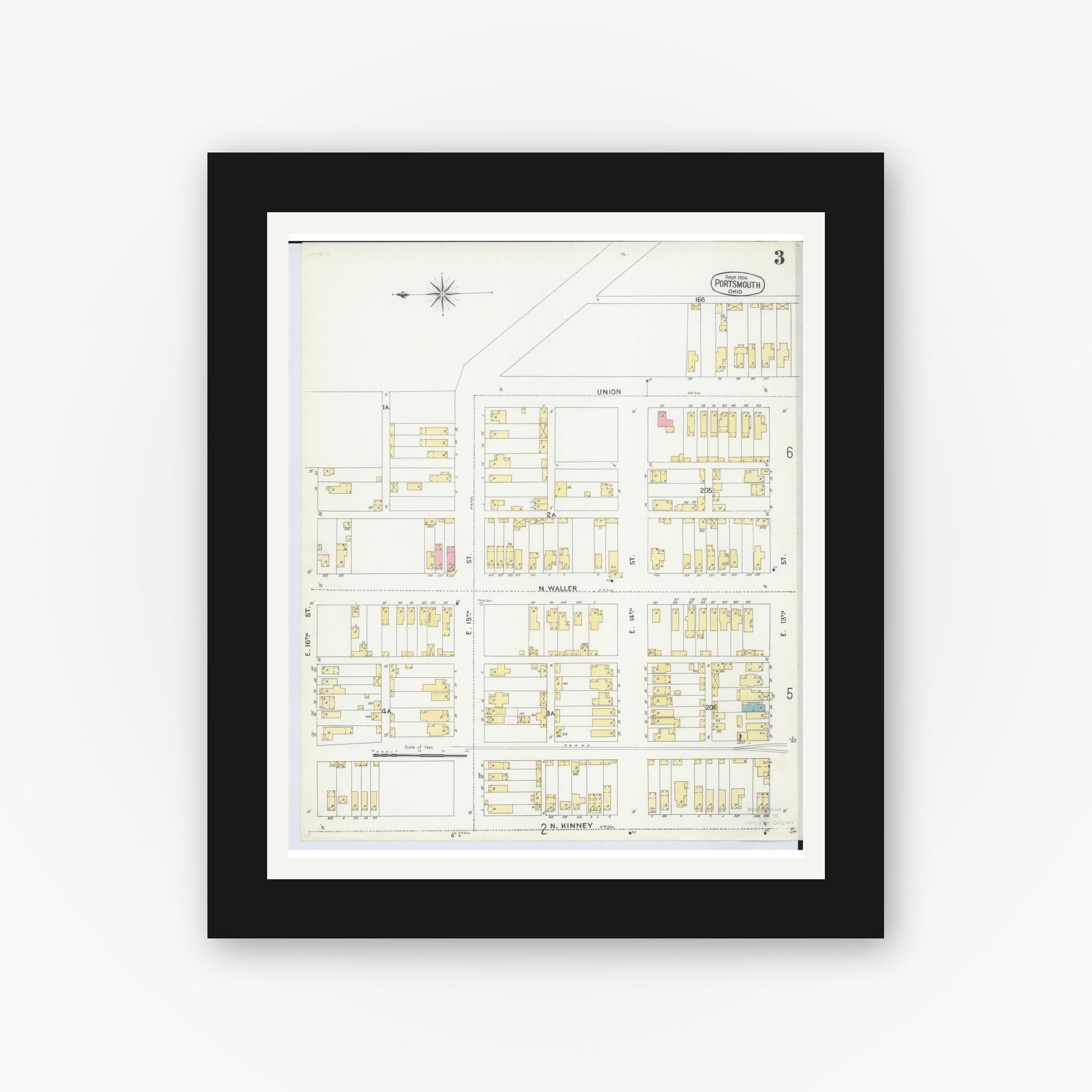 Old map wall art mockup — black gallery frame with white mat — Sanborn Fire Insurance Map from Portsmouth, Scioto County, Ohio (1904), Sheet #0003