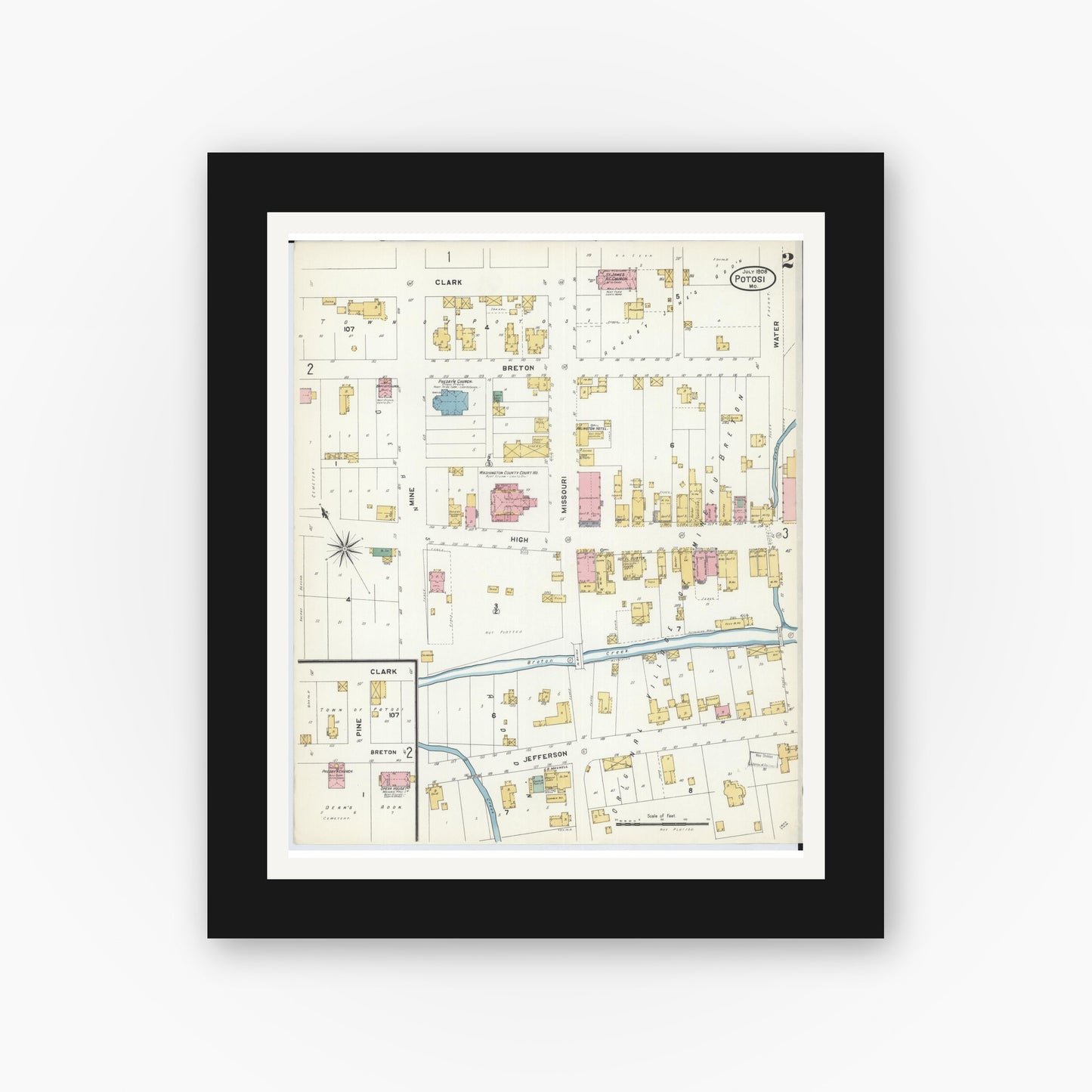 Old map wall art mockup — black gallery frame with white mat — Sanborn Fire Insurance Map from Potosi, Washington County, Missouri (1908), Sheet #0002