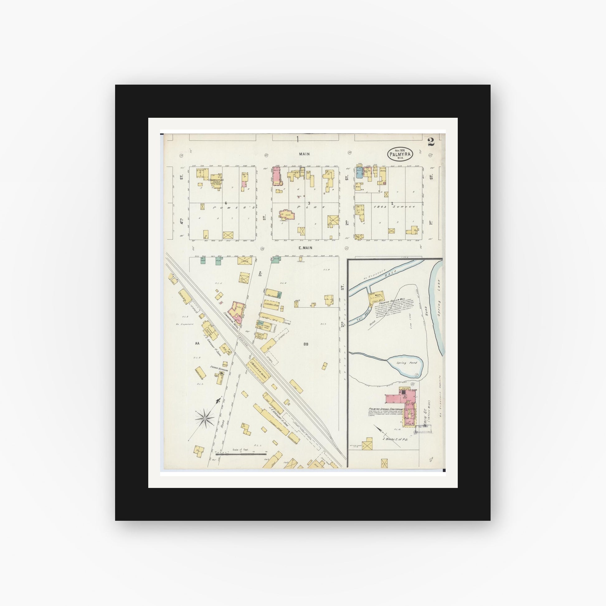 Old map wall art mockup — black gallery frame with white mat — Sanborn Fire Insurance Map from Palmyra, Jefferson County, Wisconsin (1898), Sheet #0002