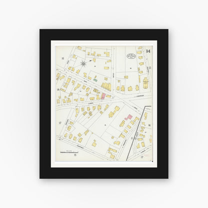 Old map wall art mockup — black gallery frame with white mat — Sanborn Fire Insurance Map from Milford, Worcester County, Massachusetts (1903), Sheet #0014