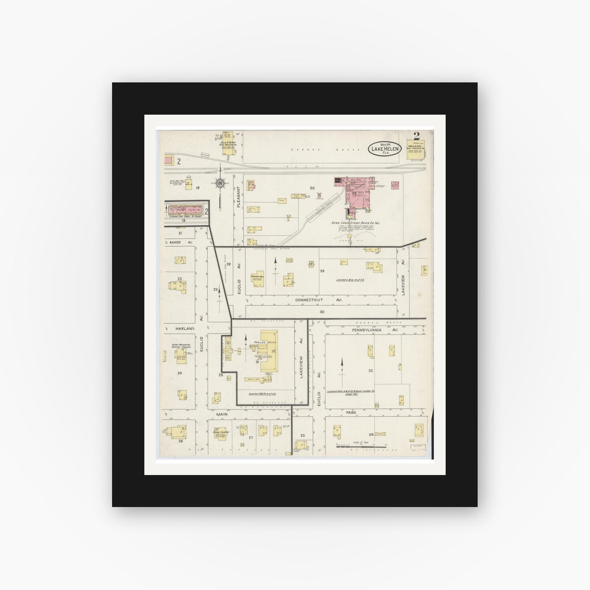 Old map wall art mockup — black gallery frame with white mat — Sanborn Fire Insurance Map from Lake Helen, Volusia County, Florida (1915), Sheet #0002