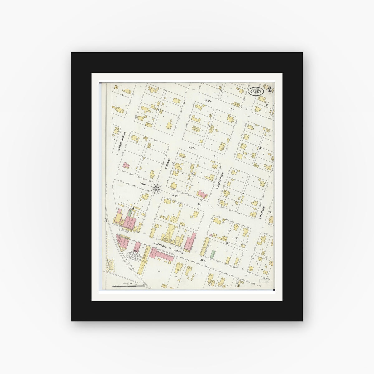 Old map wall art mockup — black gallery frame with white mat — Sanborn Fire Insurance Map from Casey, Clark County, Illinois (1898), Sheet #0002