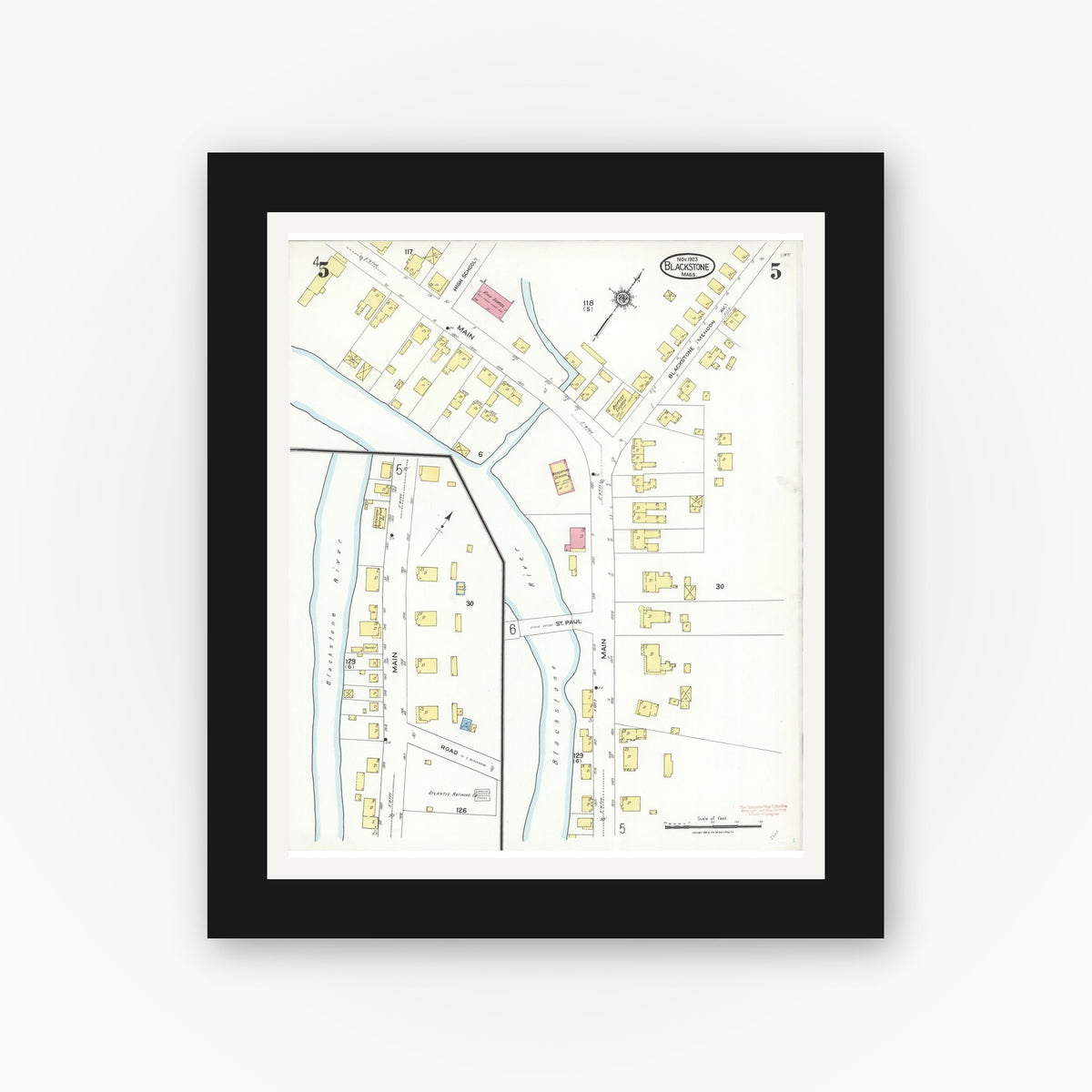 Old map wall art mockup — black gallery frame with white mat — Sanborn Fire Insurance Map from Blackstone, Worcester County, Massachusetts (1923), Sheet #0005