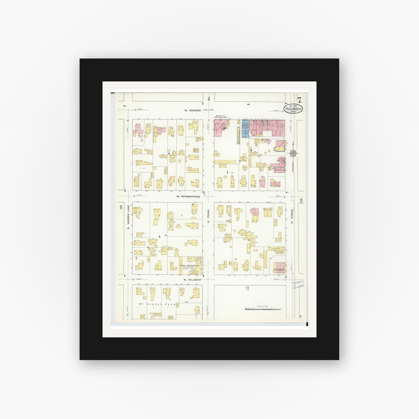 Old map wall art mockup — black gallery frame with white mat — Sanborn Fire Insurance Map from Tecumseh, Lenawee County, Michigan (1912), Sheet #0007