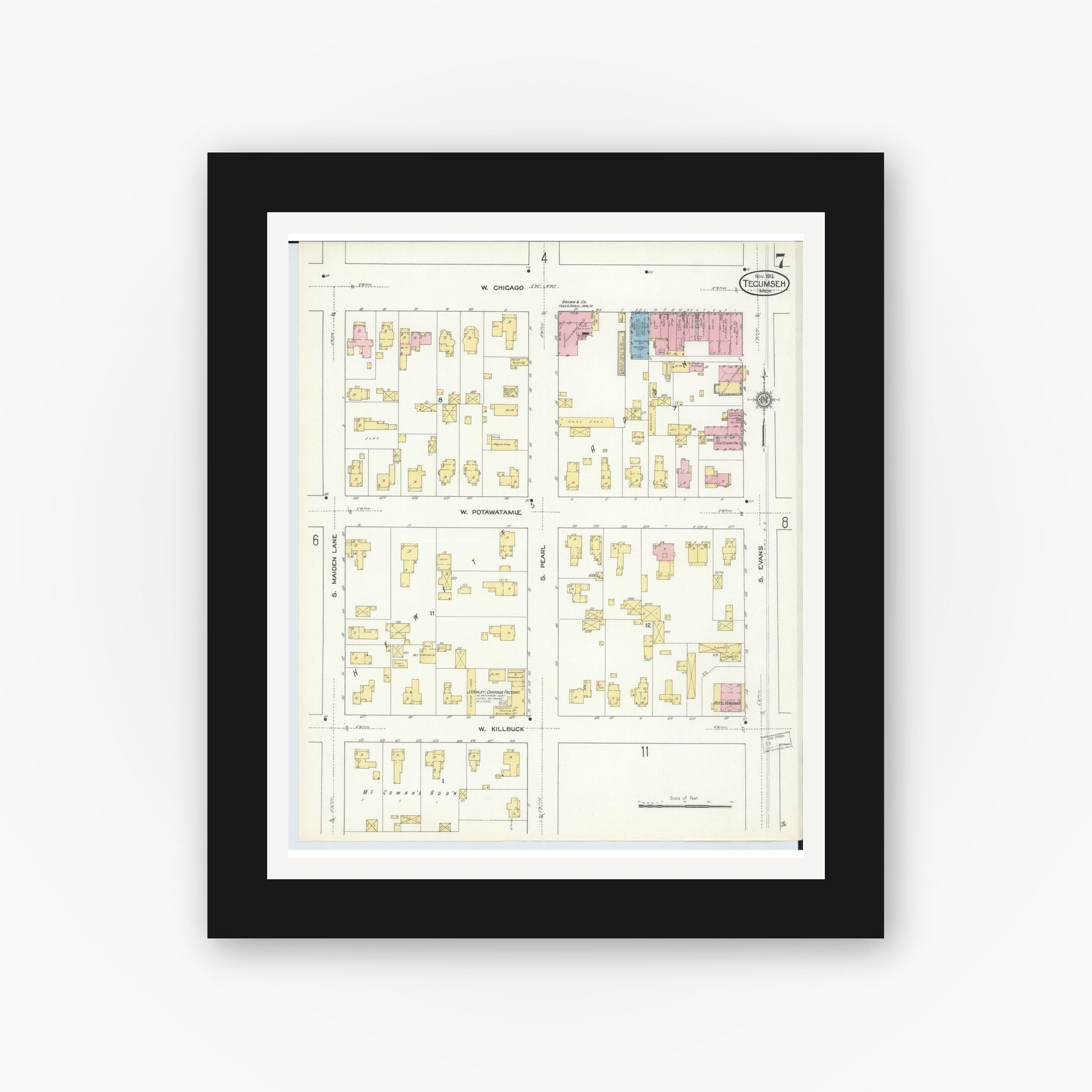 Old map wall art mockup — black gallery frame with white mat — Sanborn Fire Insurance Map from Tecumseh, Lenawee County, Michigan (1912), Sheet #0007