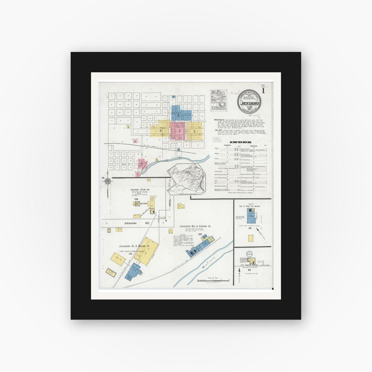 Old map wall art mockup — black gallery frame with white mat — Sanborn Fire Insurance Map from Jacksboro, Jack County, Texas (1921), Sheet #0001