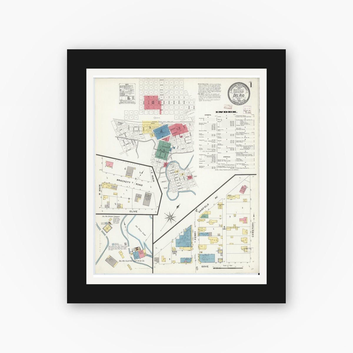 Old map wall art mockup — black gallery frame with white mat — Sanborn Fire Insurance Map from Del Rio, Val Verde County, Texas (1909), Sheet #0001