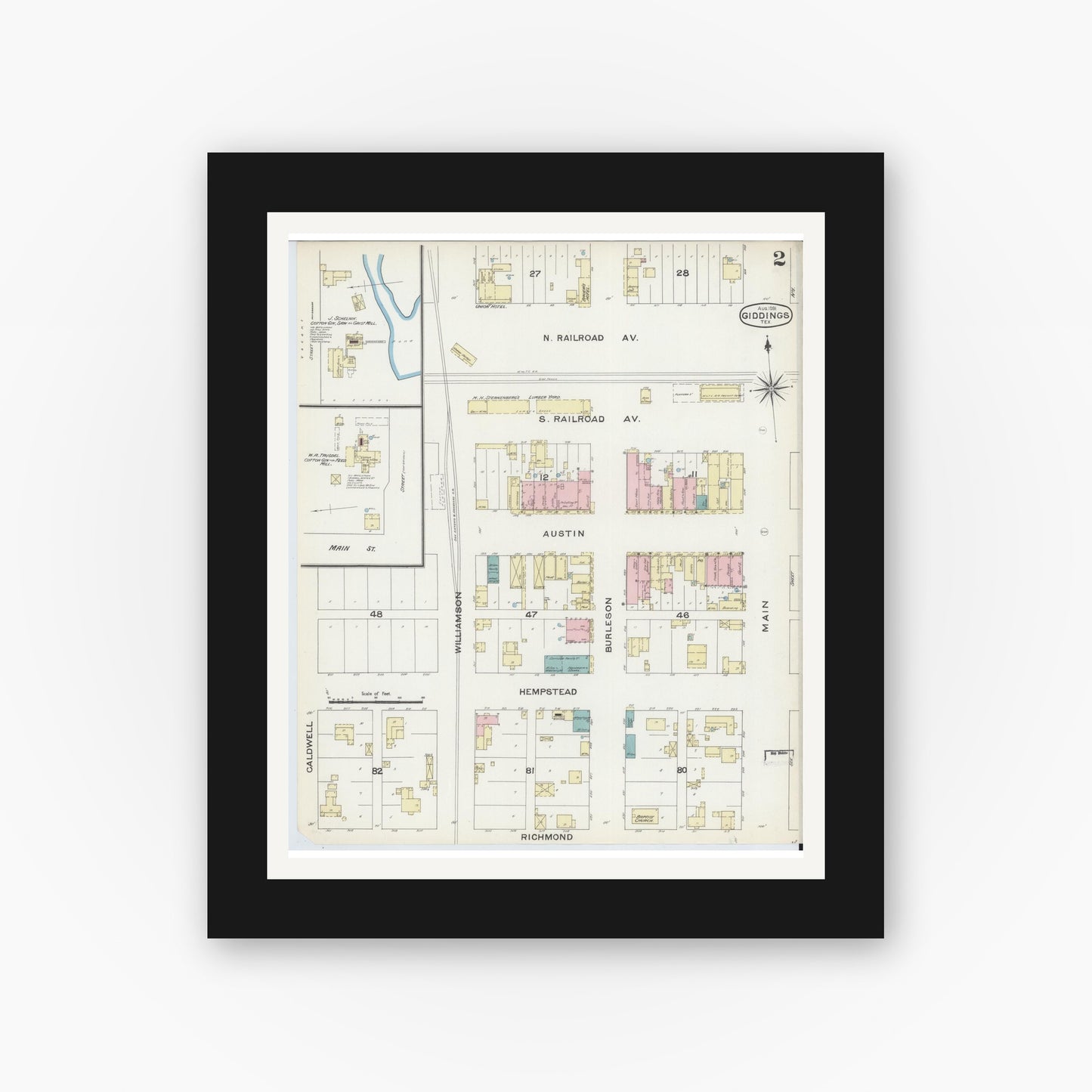Old map wall art mockup — black gallery frame with white mat — Sanborn Fire Insurance Map from Giddings, Lee County, Texas (1891), Sheet #0002