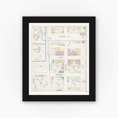 Old map wall art mockup — black gallery frame with white mat — Sanborn Fire Insurance Map from Giddings, Lee County, Texas (1891), Sheet #0002