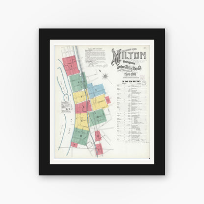 Old map wall art mockup — black gallery frame with white mat — Sanborn Fire Insurance Map from Milton, Northumberland County, Pennsylvania (1901) - Complete Map Set