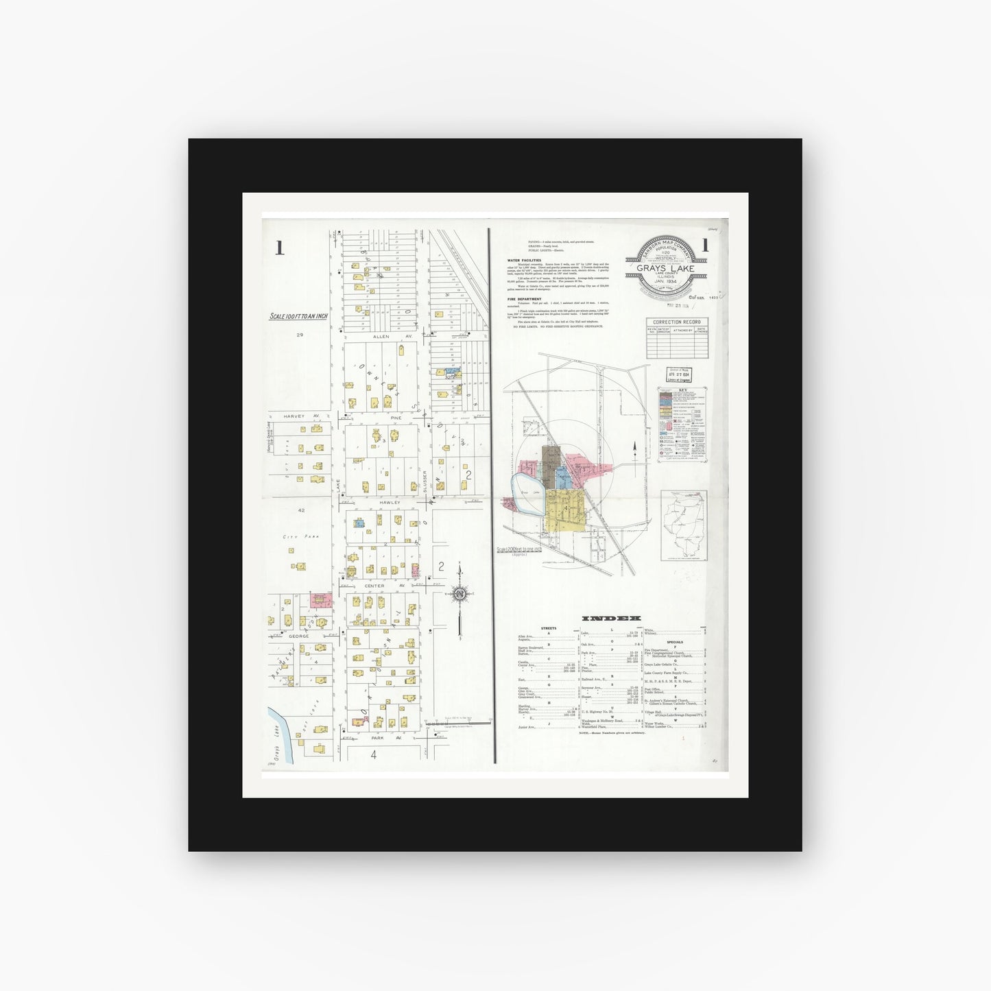 Old map wall art mockup — black gallery frame with white mat — Sanborn Fire Insurance Map from Grays Lake, Lake County, Illinois (1934), Sheet #0001