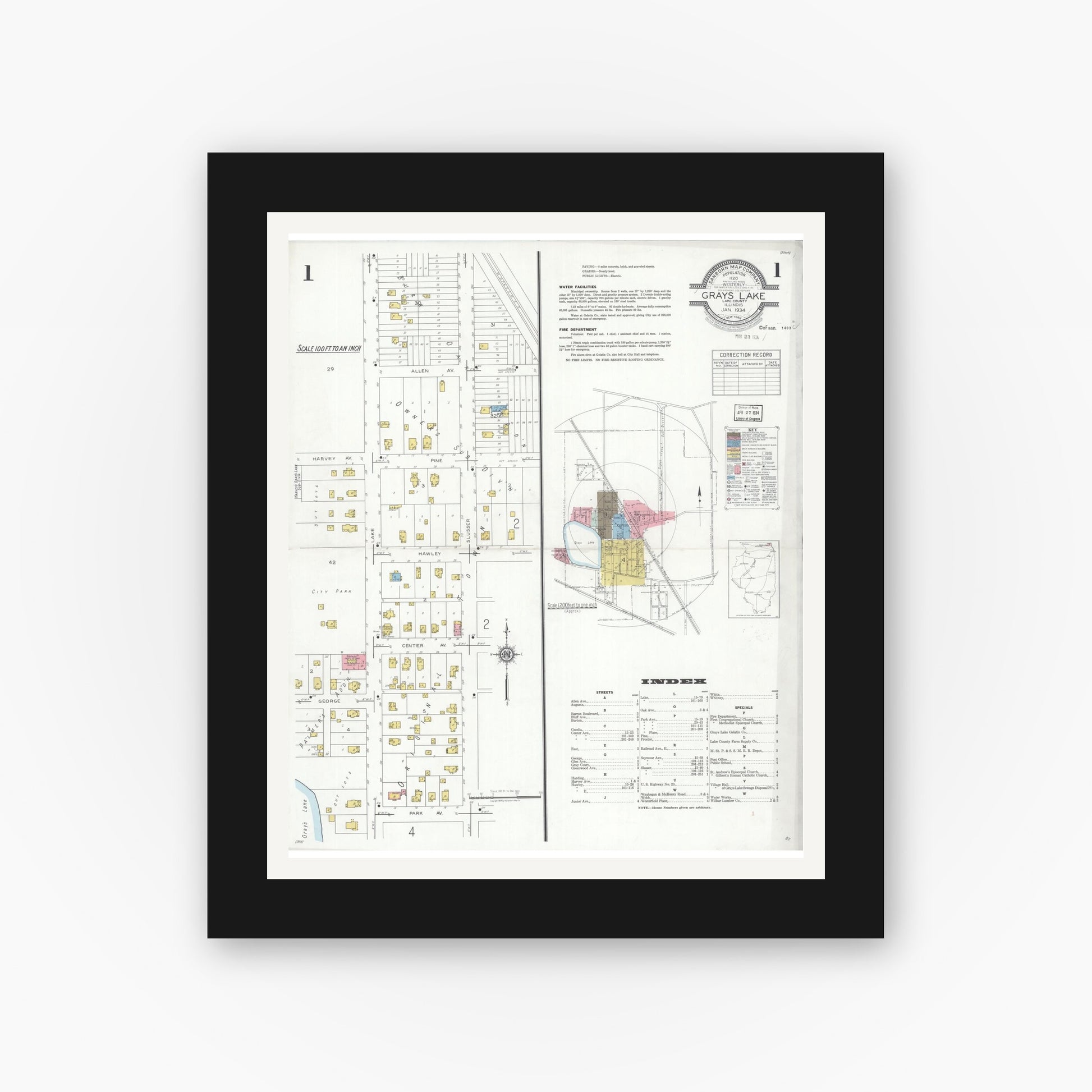 Old map wall art mockup — black gallery frame with white mat — Sanborn Fire Insurance Map from Grays Lake, Lake County, Illinois (1934), Sheet #0001