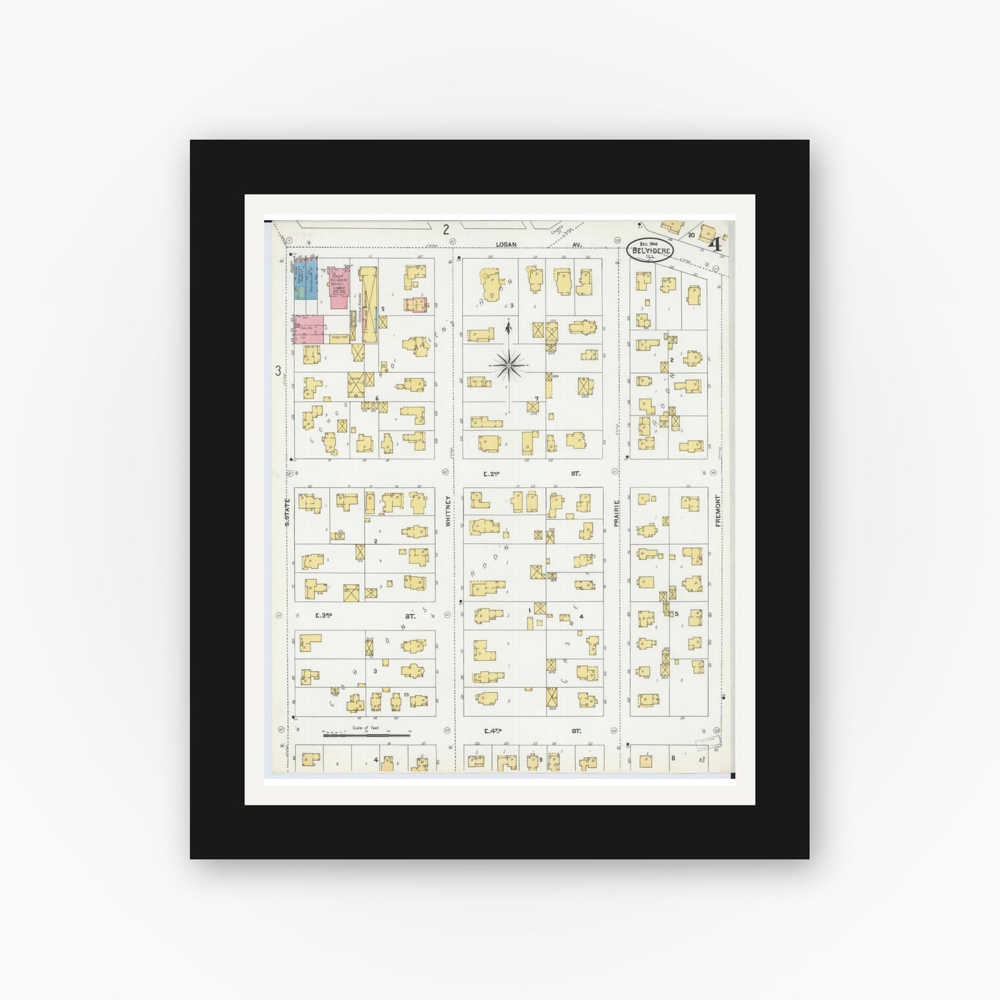 Old map wall art mockup — black gallery frame with white mat — Sanborn Fire Insurance Map from Belvidere, Boone County, Illinois (1904), Sheet #0004