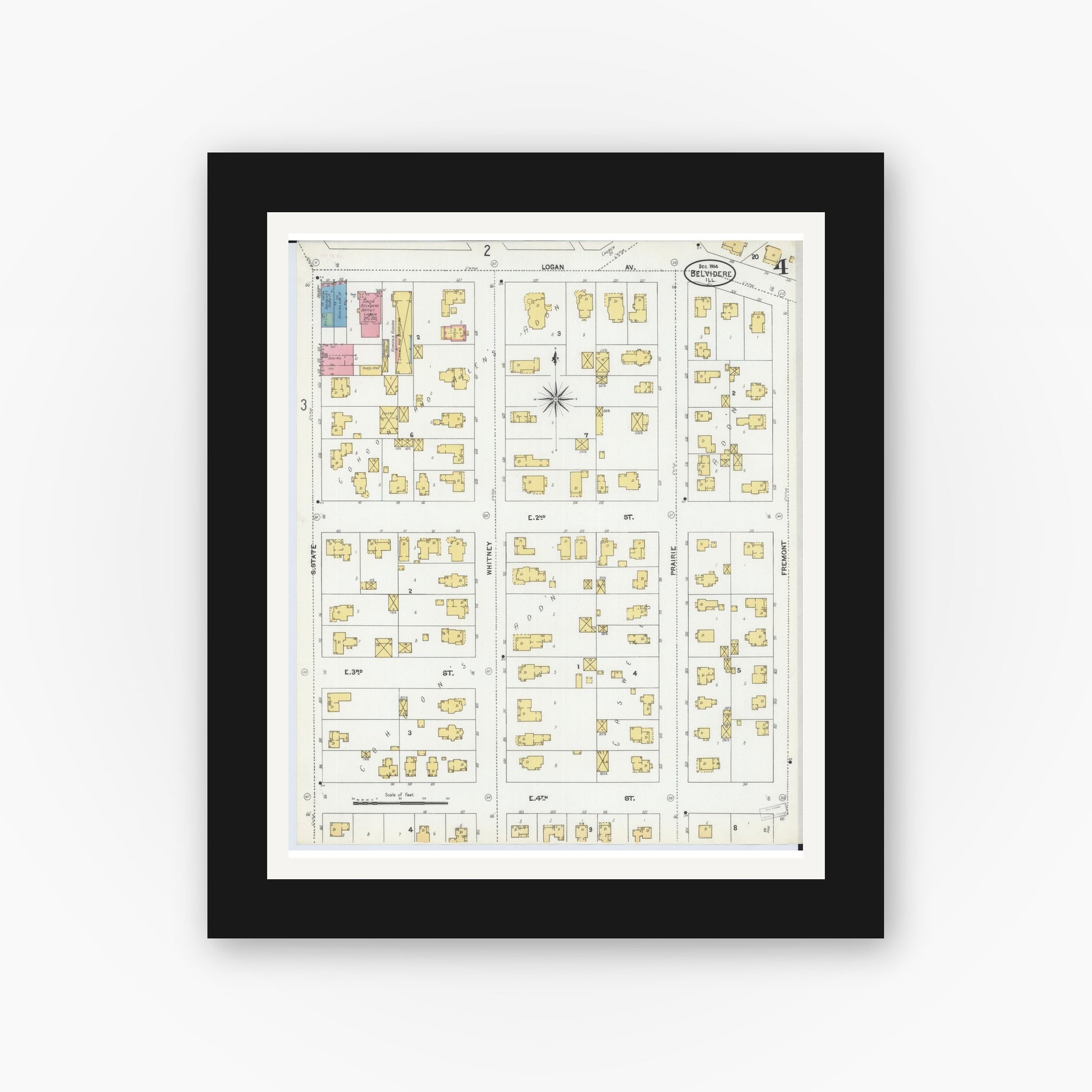 Old map wall art mockup — black gallery frame with white mat — Sanborn Fire Insurance Map from Belvidere, Boone County, Illinois (1904), Sheet #0004