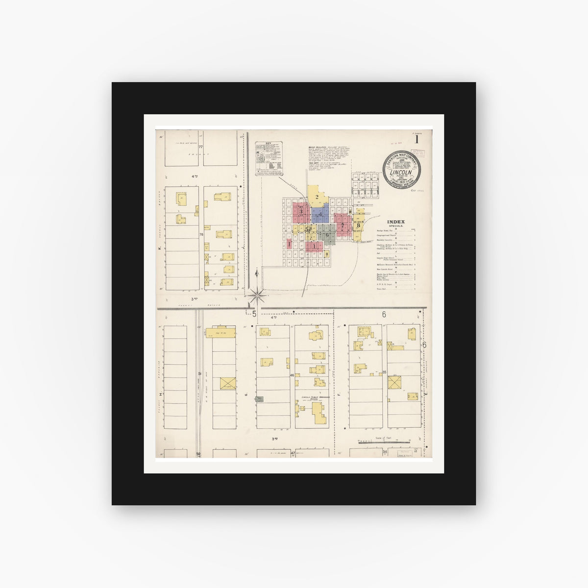 Old map wall art mockup — black gallery frame with white mat — Sanborn Fire Insurance Map from Lincoln, Placer County, California (1910) - Complete Map Set