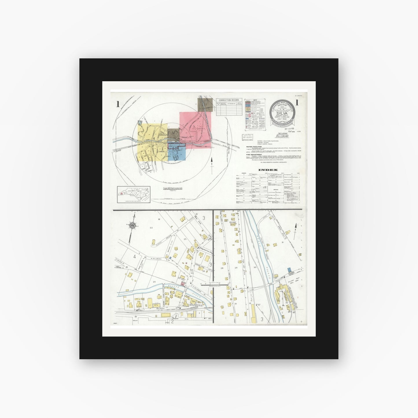Old map wall art mockup — black gallery frame with white mat — Sanborn Fire Insurance Map from Sylva, Jackson County, North Carolina (1933) - Complete Map Set