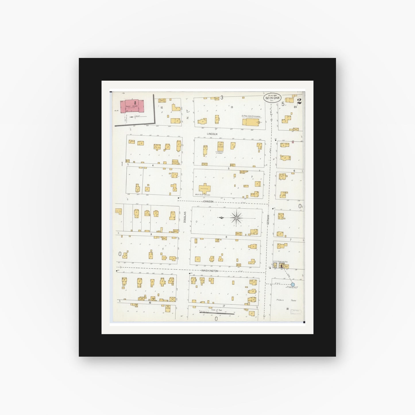 Old map wall art mockup — black gallery frame with white mat — Sanborn Fire Insurance Map from Minonk, Woodford County, Illinois (1906), Sheet #0002