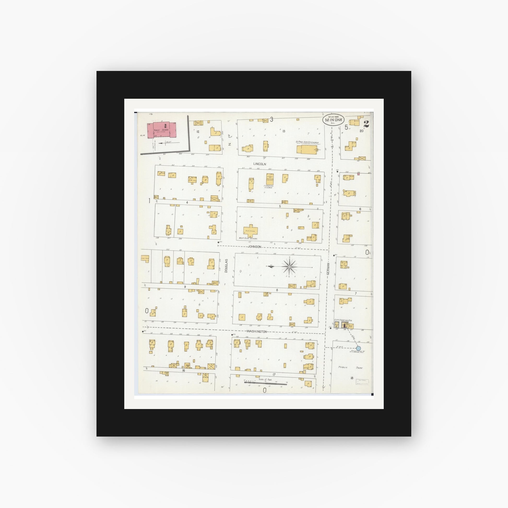 Old map wall art mockup — black gallery frame with white mat — Sanborn Fire Insurance Map from Minonk, Woodford County, Illinois (1906), Sheet #0002