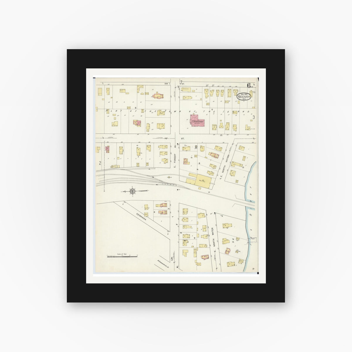 Old map wall art mockup — black gallery frame with white mat — Sanborn Fire Insurance Map from Neenah, Winnebago County, Wisconsin (1913), Sheet #0006
