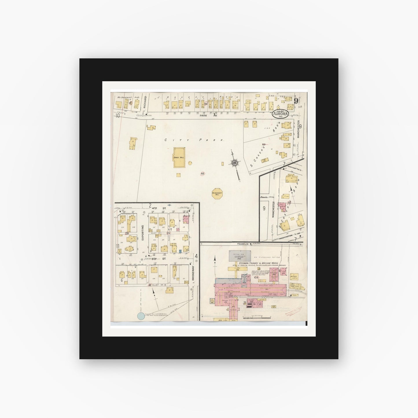 Old map wall art mockup — black gallery frame with white mat — Sanborn Fire Insurance Map from Aurora, Dearborn County, Indiana (1935), Sheet #0009