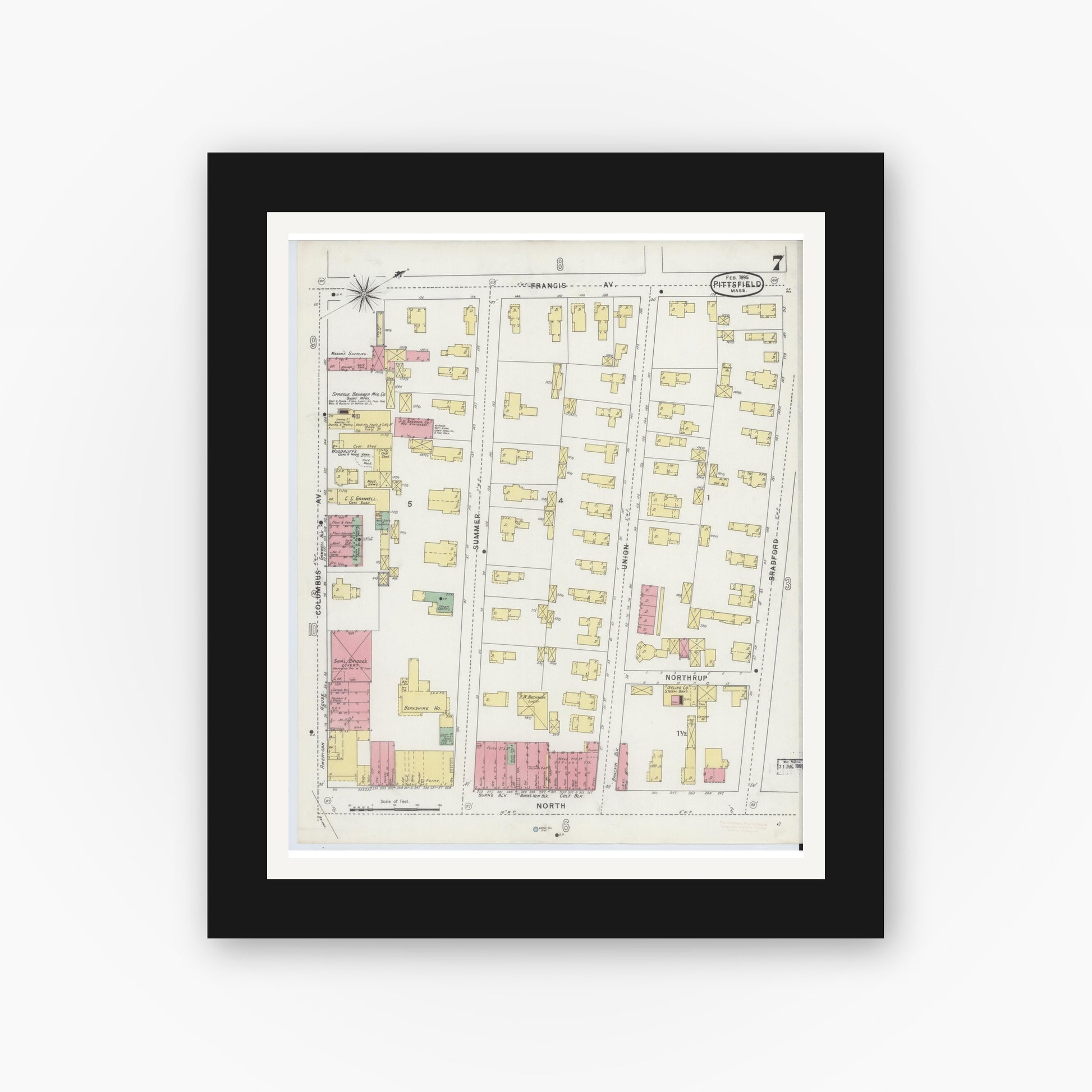 Old map wall art mockup — black gallery frame with white mat — Sanborn Fire Insurance Map from Pittsfield, Berkshire County, Massachusetts (1895), Sheet #0007