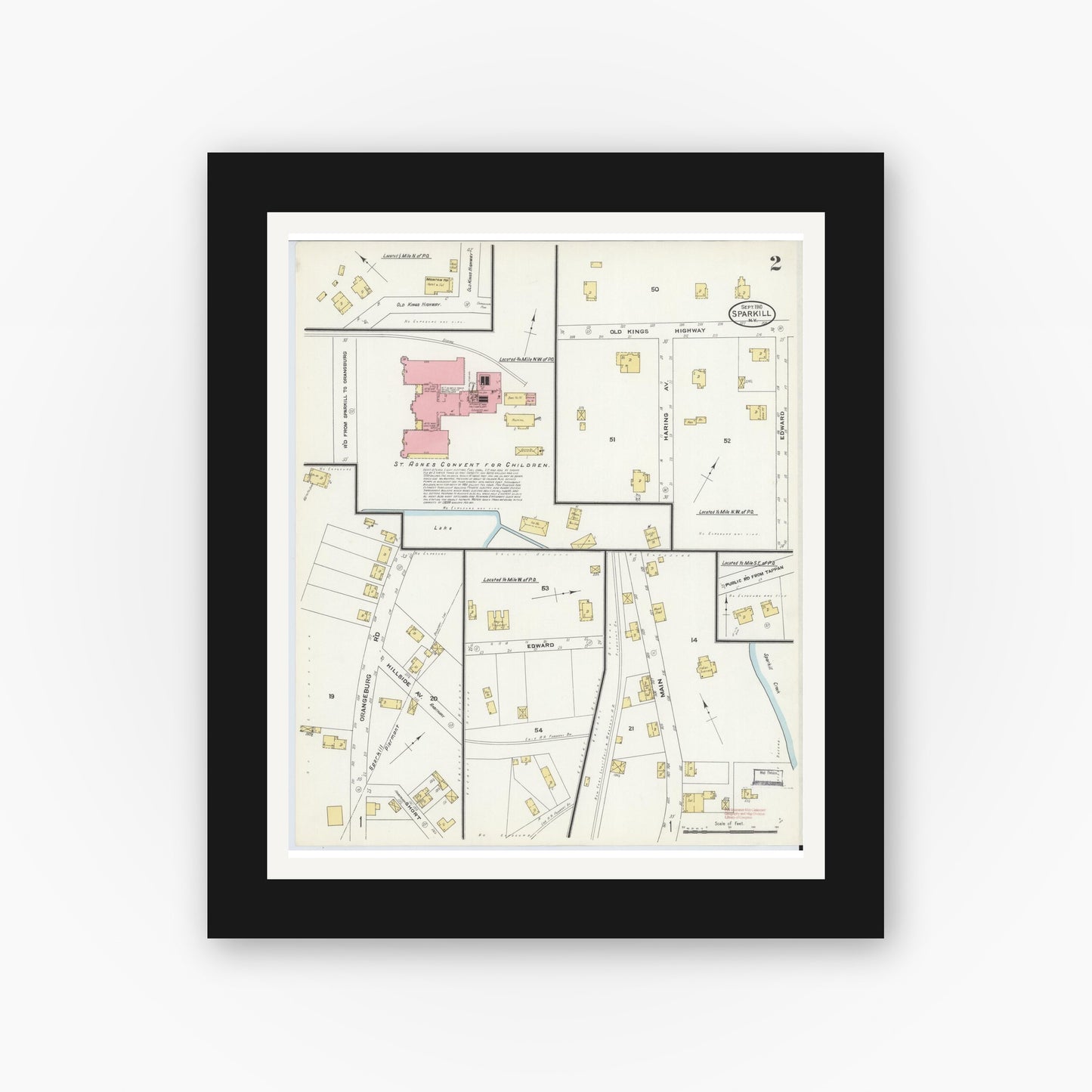 Old map wall art mockup — black gallery frame with white mat — Sanborn Fire Insurance Map from Sparkill, Rockland County, New York (1910), Sheet #0002