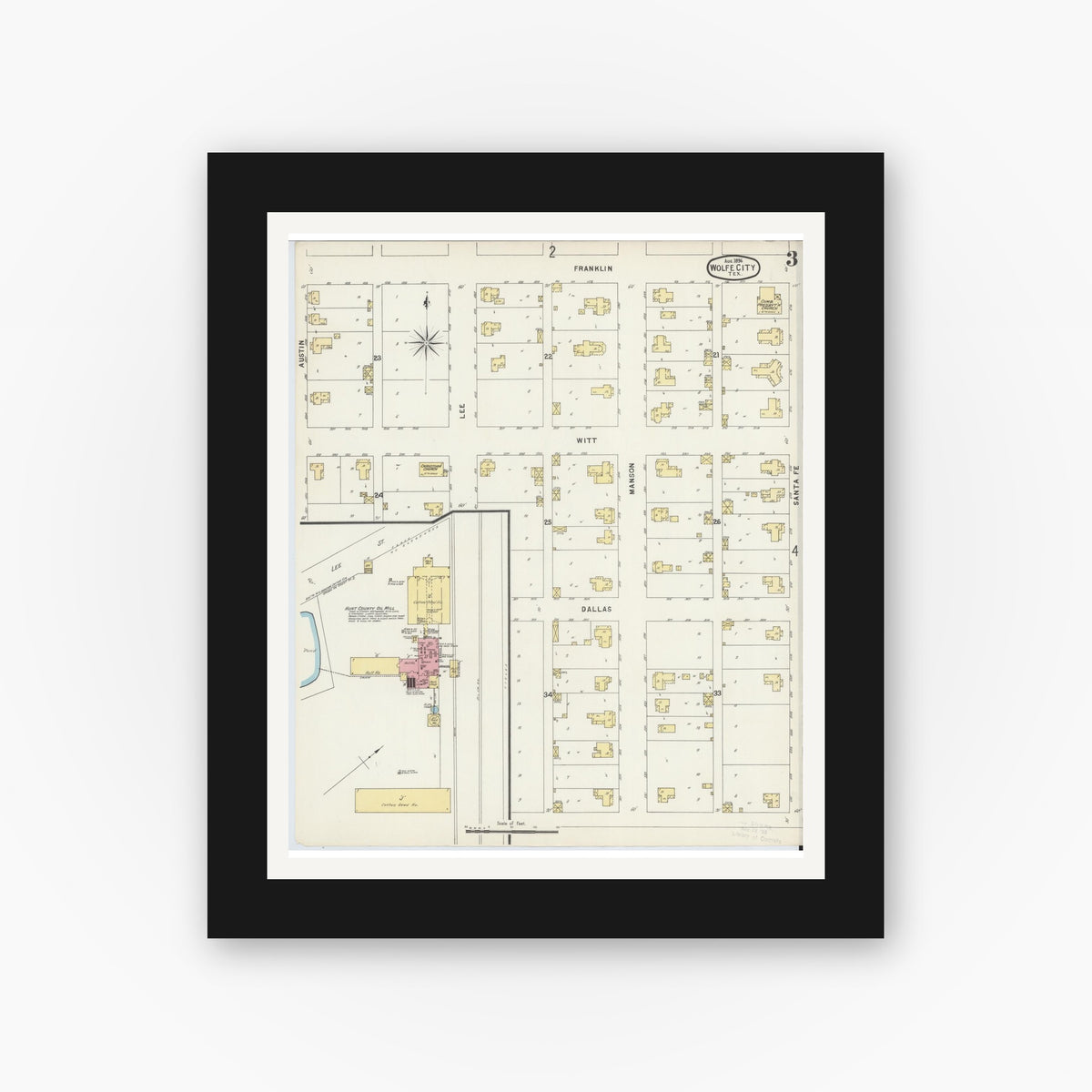 Old map wall art mockup — black gallery frame with white mat — Sanborn Fire Insurance Map from Wolfe City, Hunt County, Texas (1896), Sheet #0003